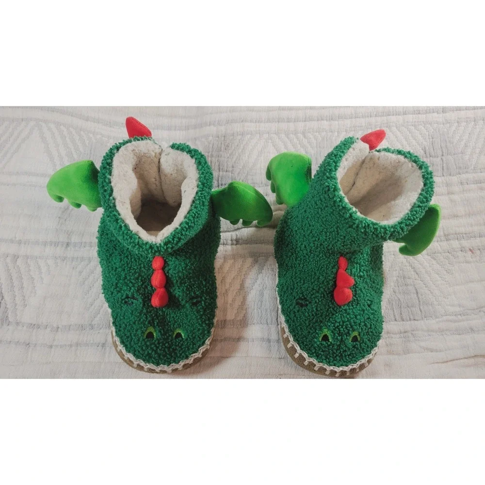 Hanna Andersson Kids Dragon Slippers Size 11/12 Green Plush‎ Costume Shoes